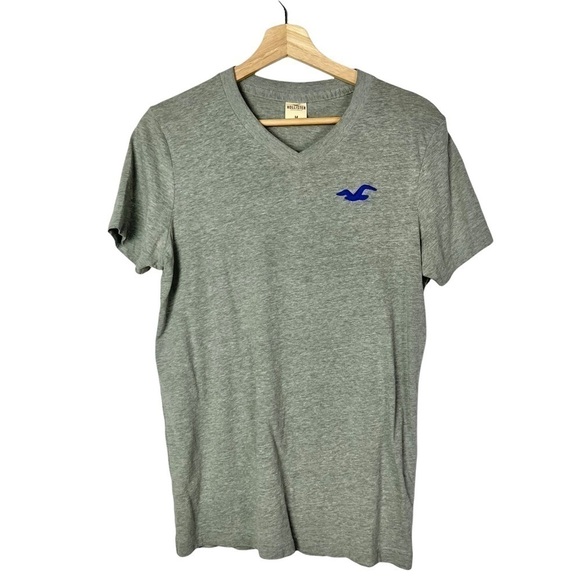 Hollister Gray V-Neck Y2K Blue Logo T-Shirt M - Picture 1 of 3
